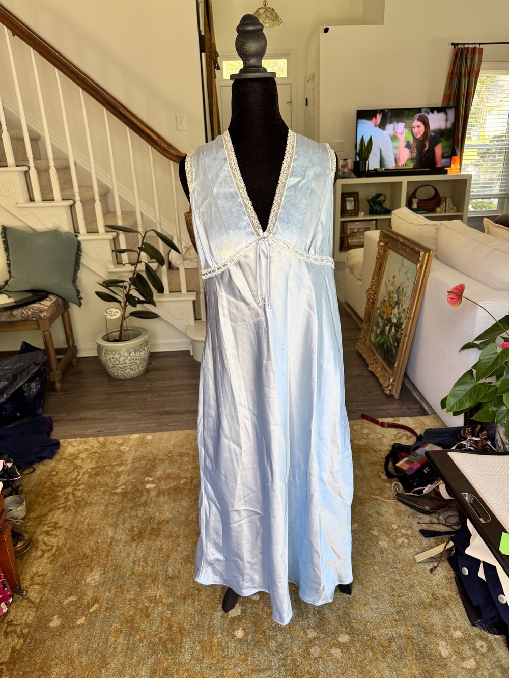 Vintage Jones New York Light Blue Lace-Trim Maxi Lingerie Dress